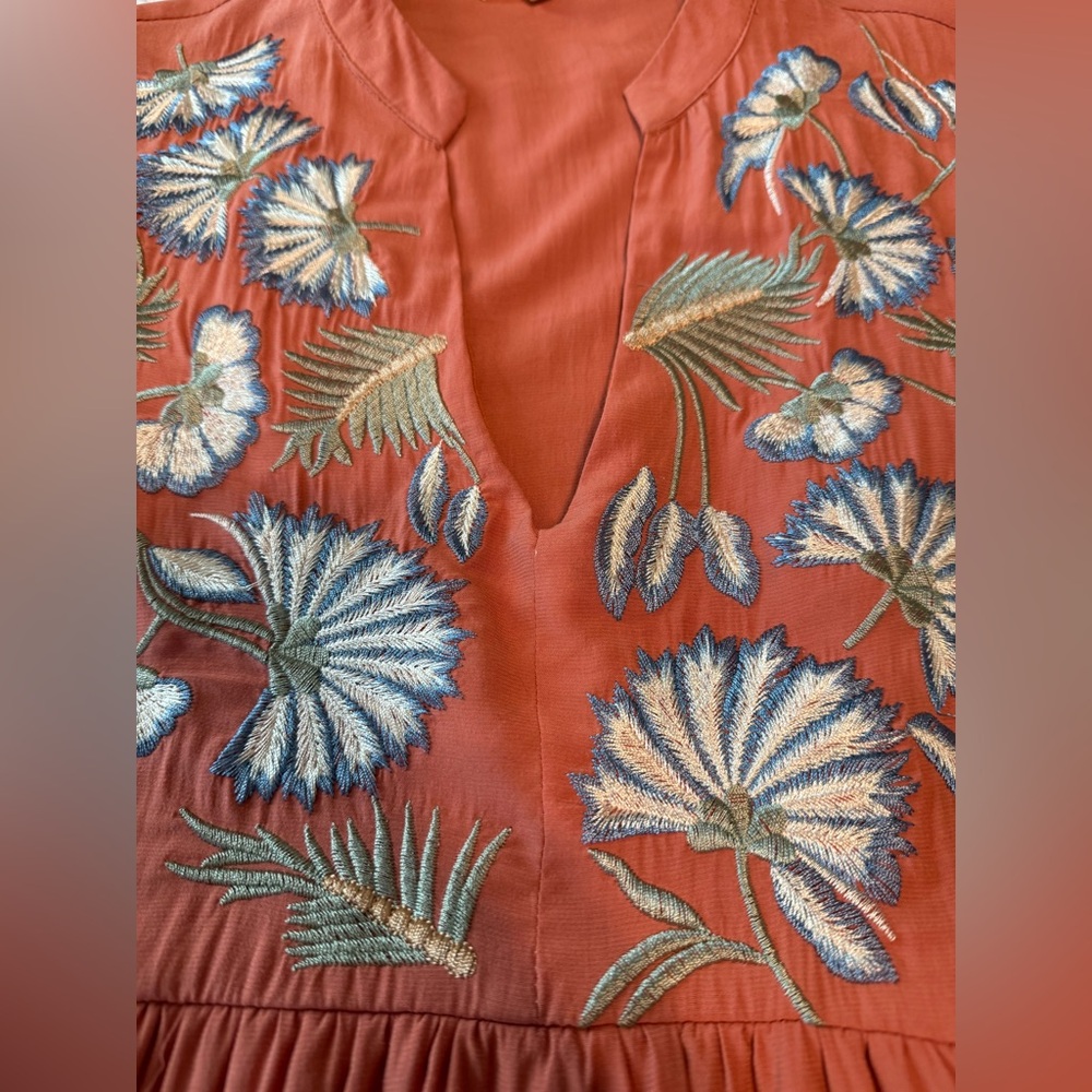 Entro Floral Embroidered Midi Dress Women Size Medium Pumpkin Color Lined - Picture 5 of 14